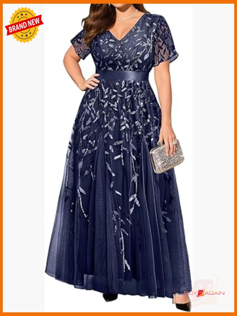Plus Size Sequin Embroidery V-Neck Prom Dress